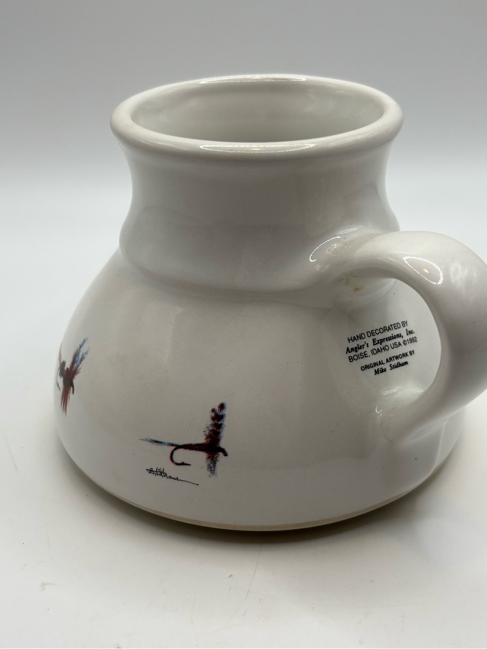 Vintage Fly Fishing Lures No Spill Coffee Cup Mug Stidham 1992 Fisherman Angler